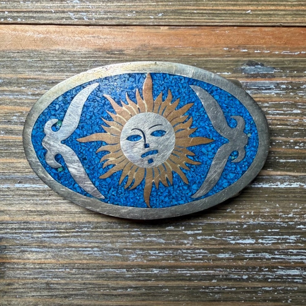 Vintage Hecho en Mexico Celestial Sun Moon Turquoise Chip Inlay Belt Buckle Boho